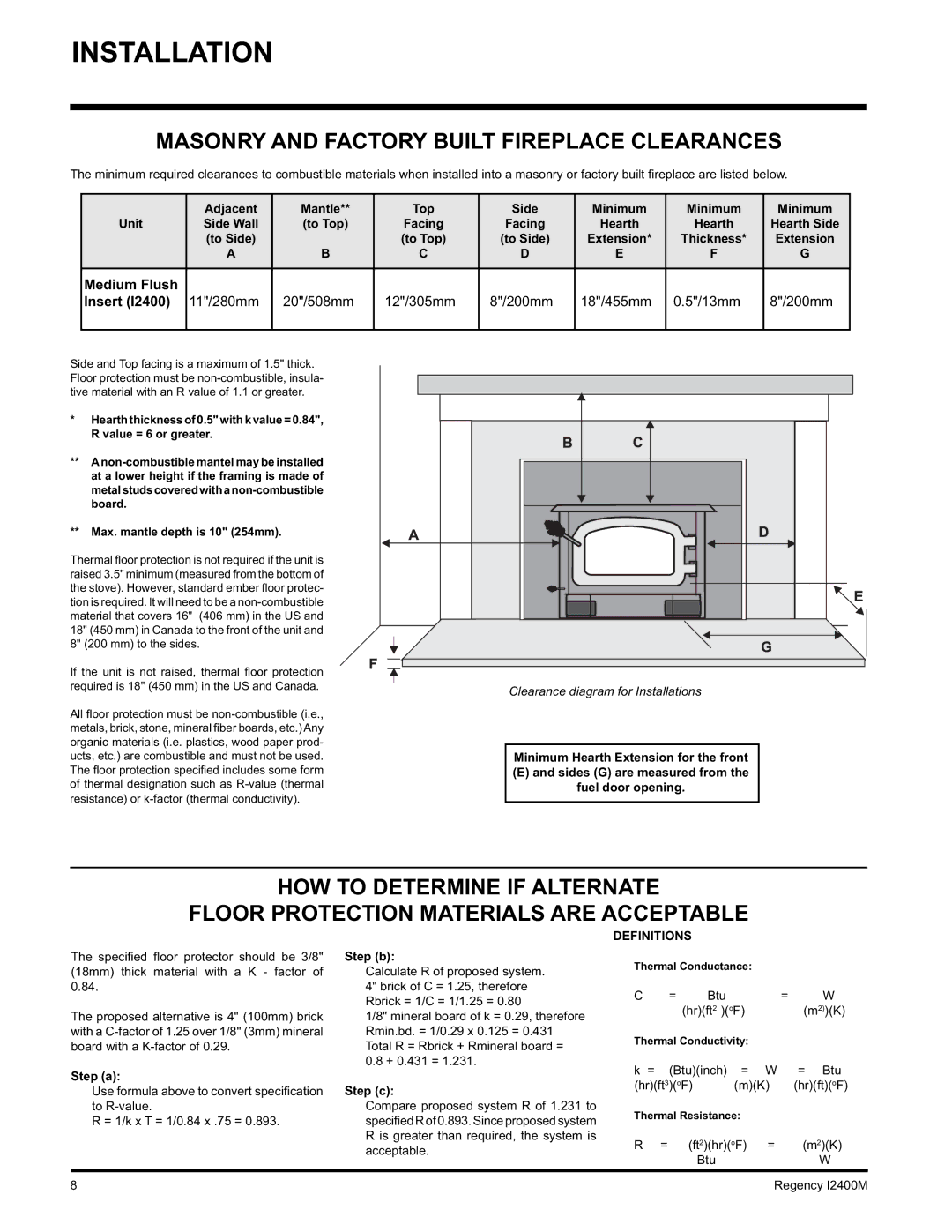 Regency Wraps I2400M installation manual Masonry and Factory Built Fireplace Clearances, Max. mantle depth is 10 254mm 