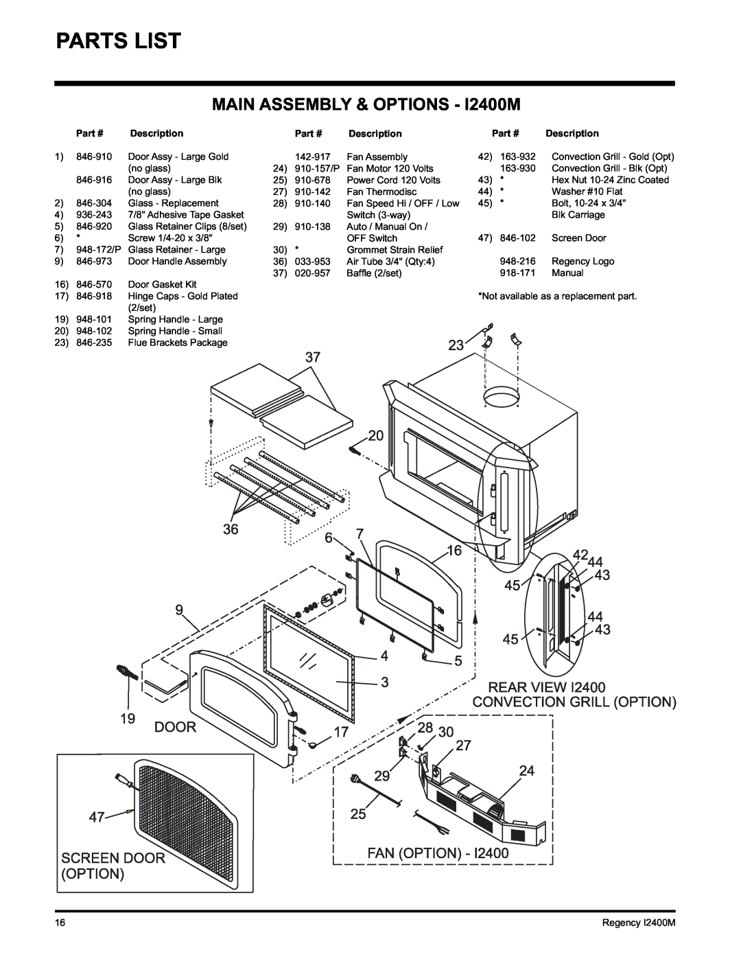 Regency Wraps installation manual Parts List, MAIN ASSEMBLY & OPTIONS - I2400M 