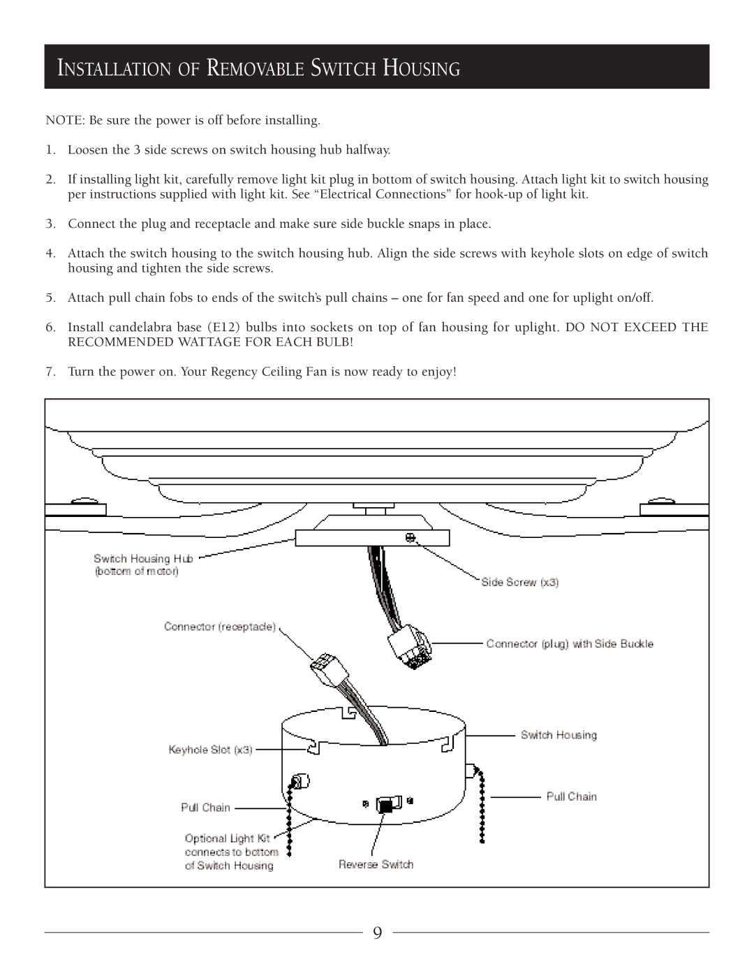 Regency Wraps LX owner manual Installation of Removable Switch Housing 