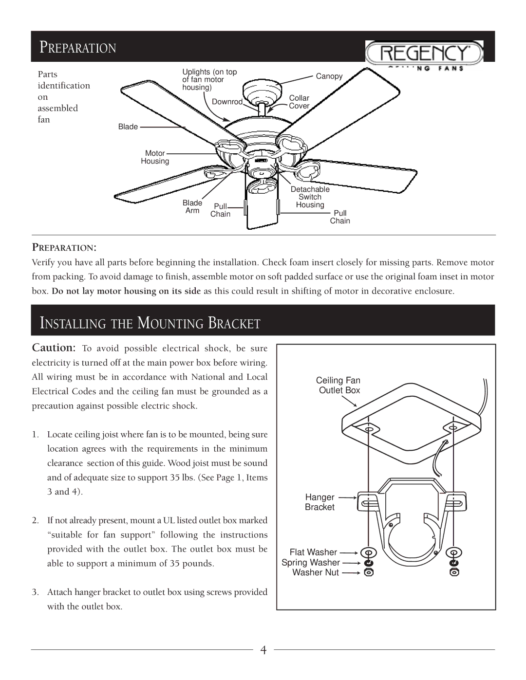 Regency Wraps LX owner manual Preparation, Parts identification on assembled fan 