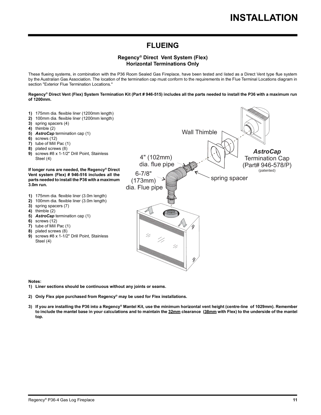 Regency Wraps P36-NG4, P36-LPG4 manual Flueing, Regency Direct Vent System Flex Horizontal Terminations Only 