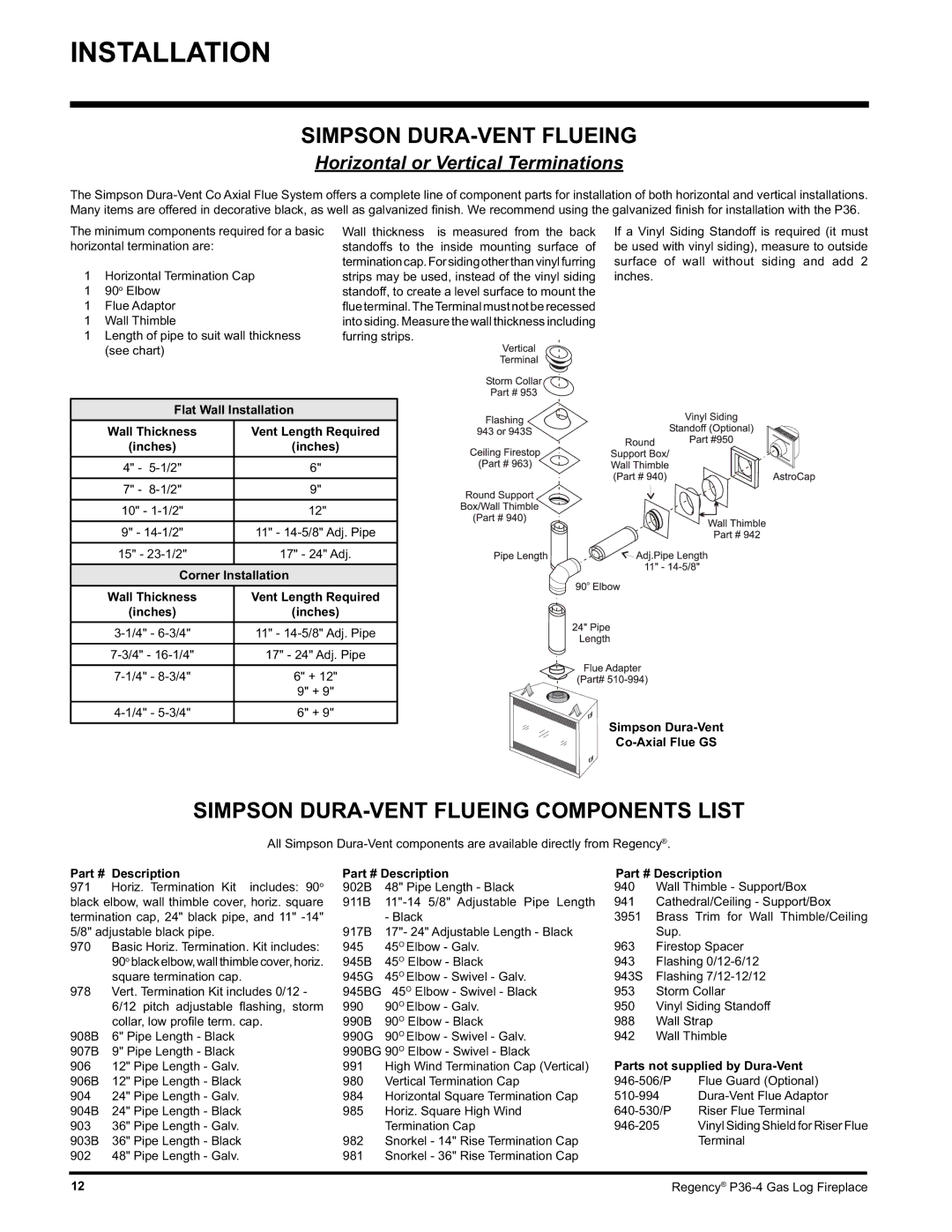 Regency Wraps P36-LPG4, P36-NG4 manual Simpson DURA-VENT Flueing Components List 