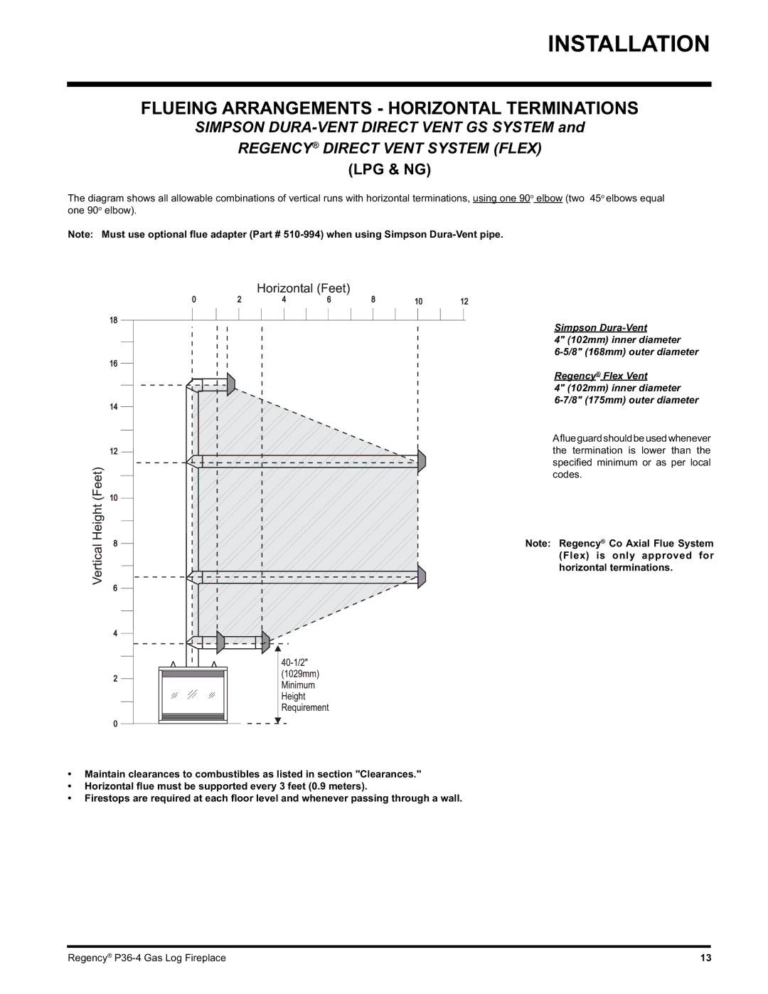 Regency Wraps P36-NG4, P36-LPG4 manual Flueing Arrangements Horizontal Terminations, Regency Direct Vent System Flex 