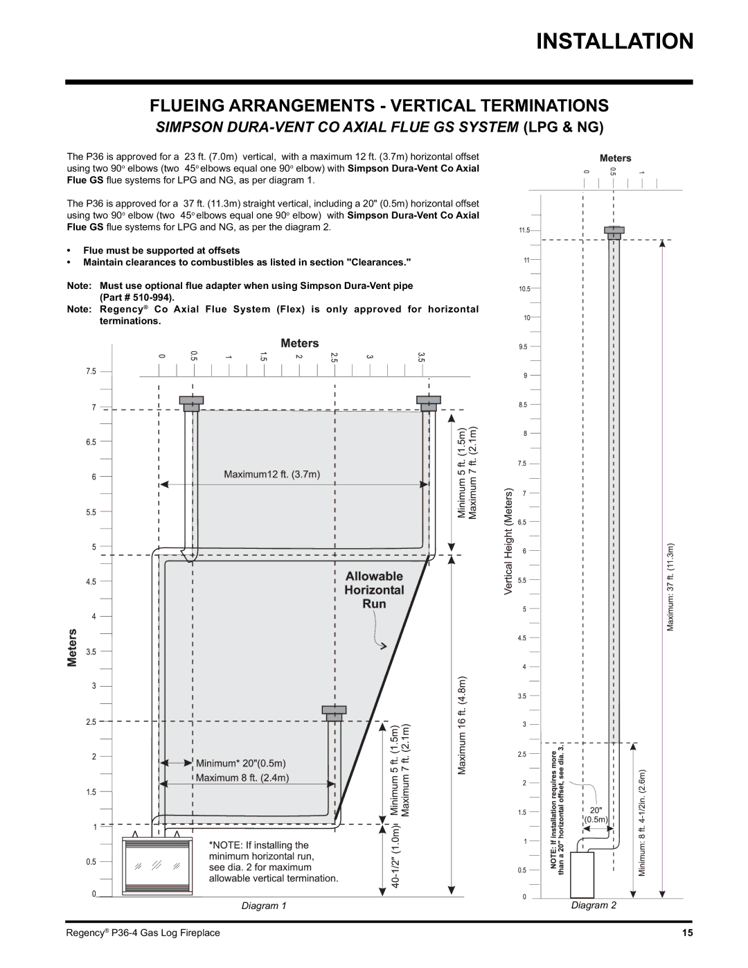 Regency Wraps P36-NG4 manual Flueing Arrangements Vertical Terminations, Simpson DURA-VENT CO Axial Flue GS System LPG & NG 