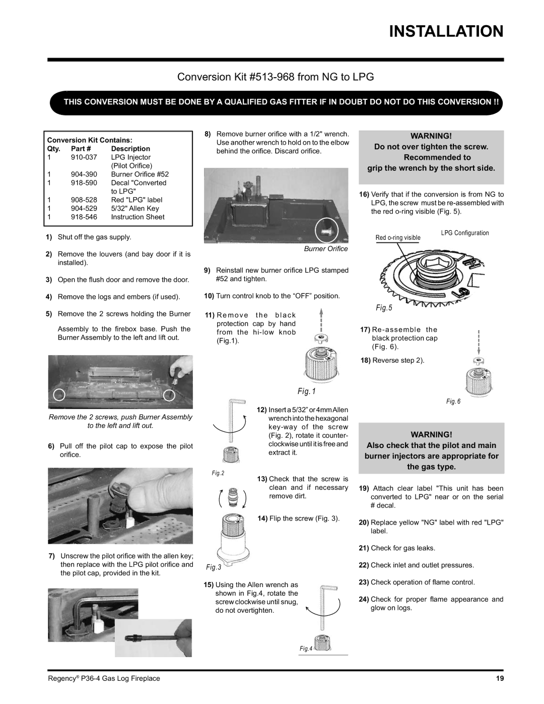 Regency Wraps P36-NG4 manual Conversion Kit Contains Qty, Shut off the gas supply, Remove the louvers and bay door if it is 