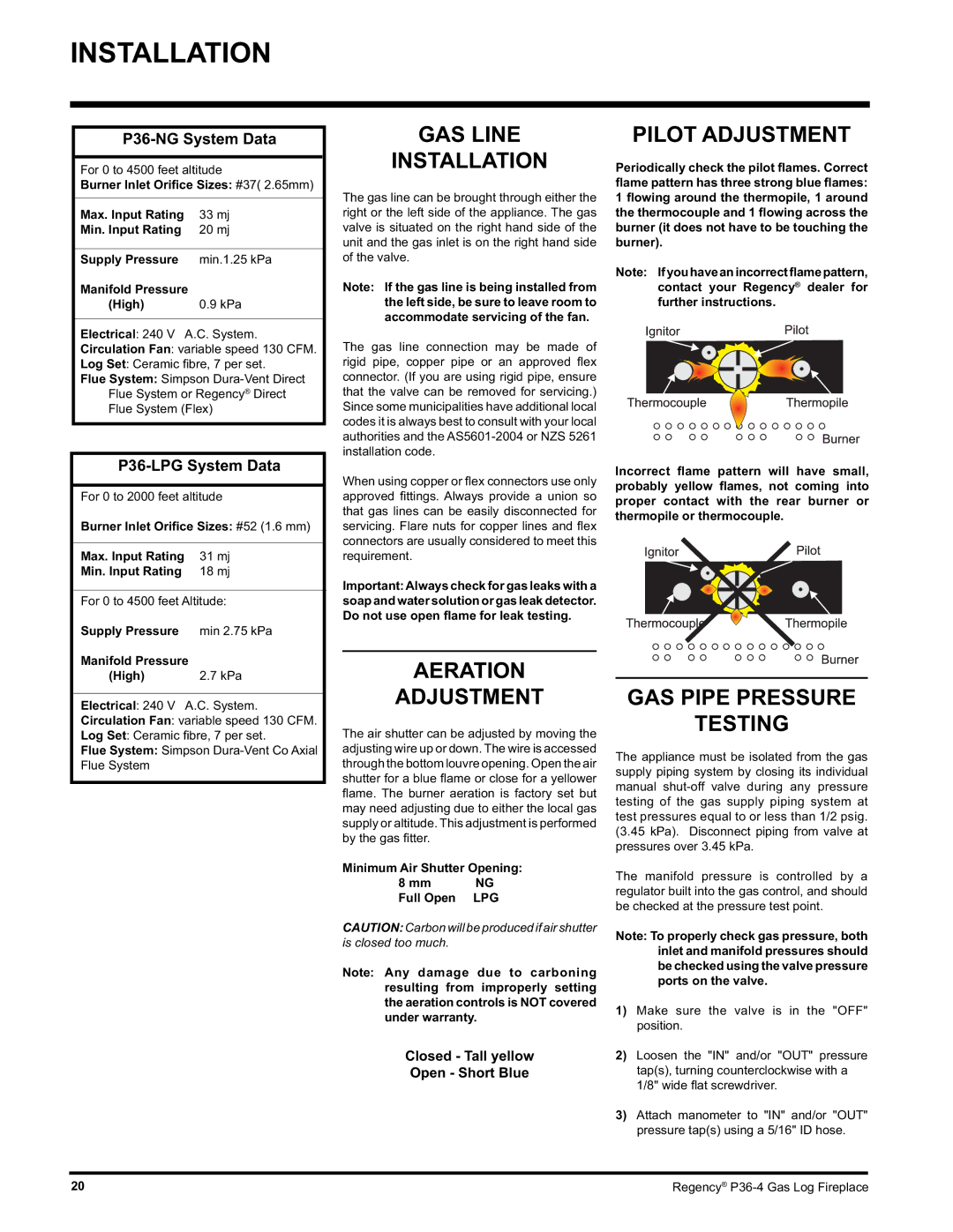 Regency Wraps P36-LPG4, P36-NG4 GAS Line Installation, Pilot Adjustment, Aeration Adjustment, GAS Pipe Pressure Testing 