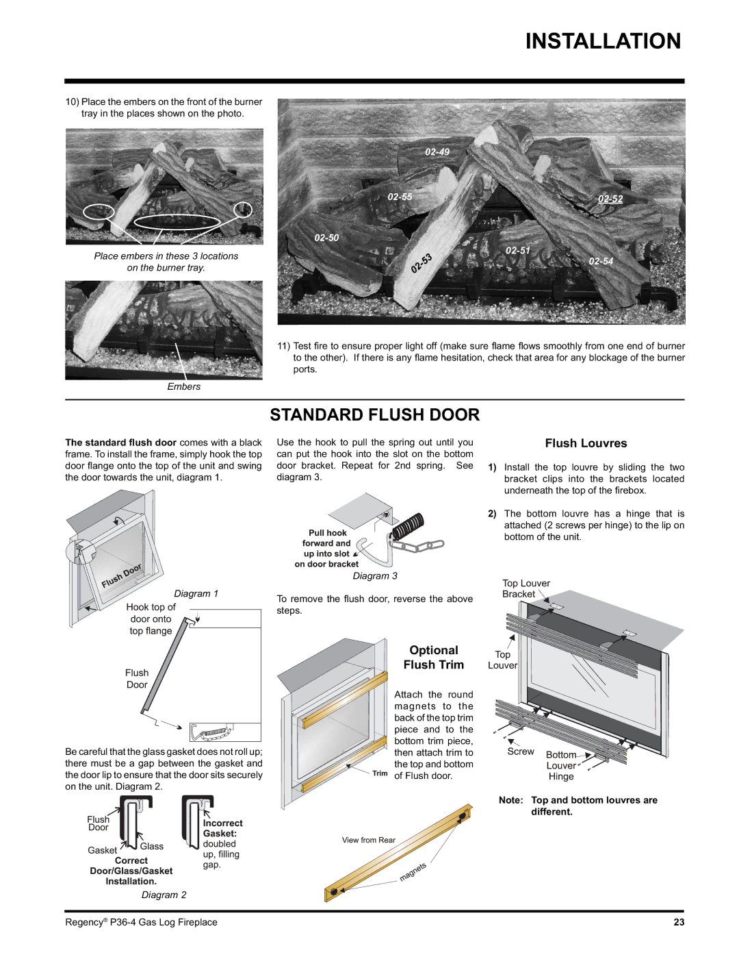 Regency Wraps P36-NG4 Flush Louvres, Optional Flush Trim, Place embers in these 3 locations On the burner tray, Embers 