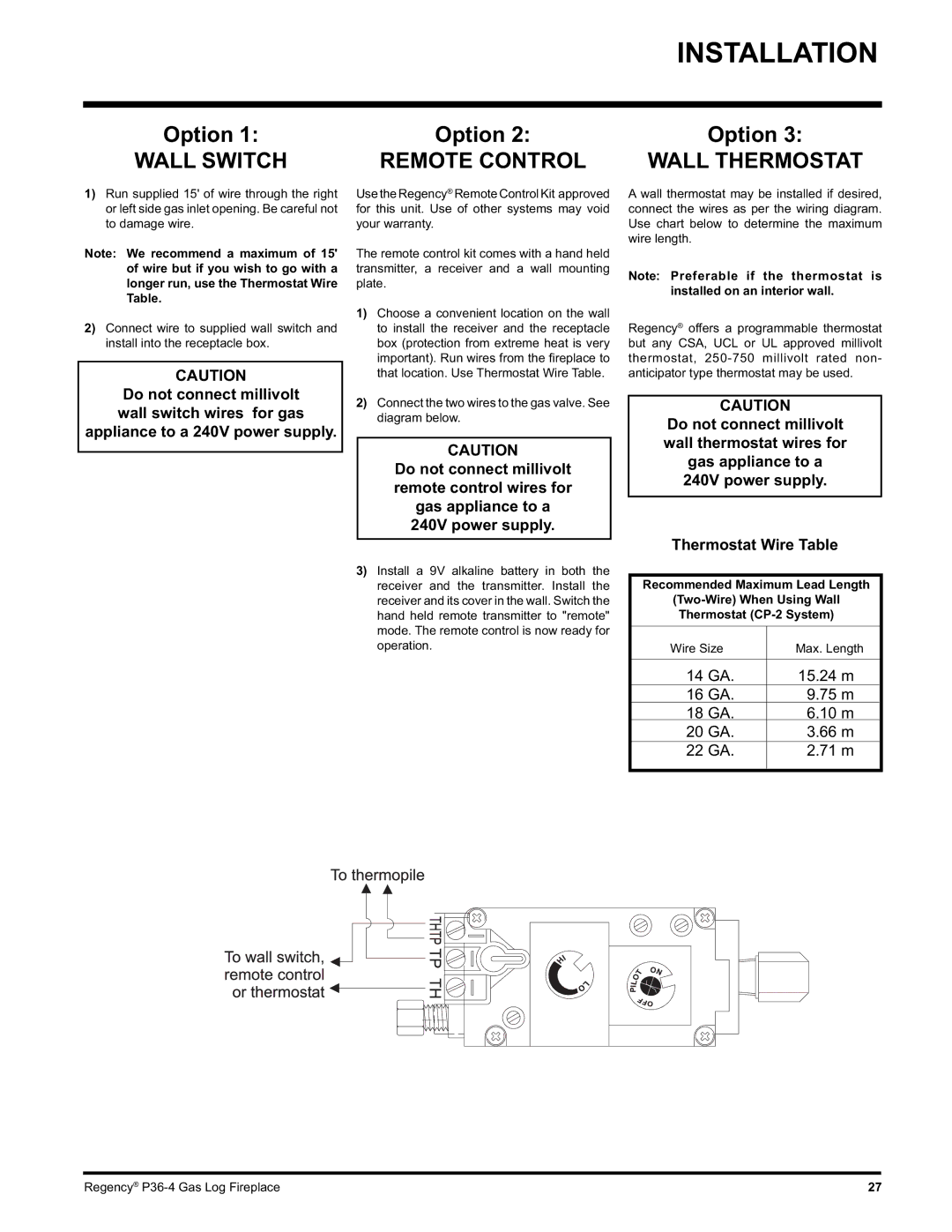 Regency Wraps P36-NG4, P36-LPG4 manual Wall Switch, Remote Control, Wall Thermostat 