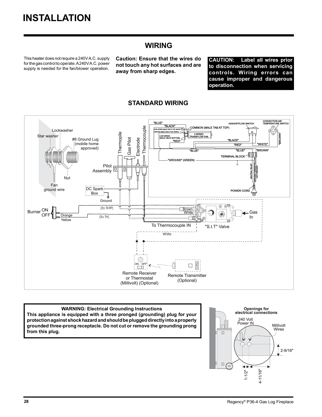 Regency Wraps P36-LPG4, P36-NG4 manual Standard Wiring 