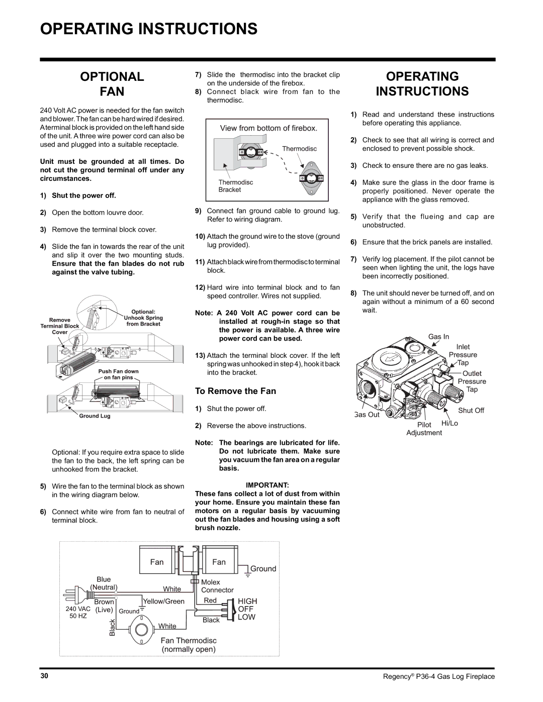 Regency Wraps P36-LPG4, P36-NG4 manual Operating Instructions, Optional FAN, To Remove the Fan 