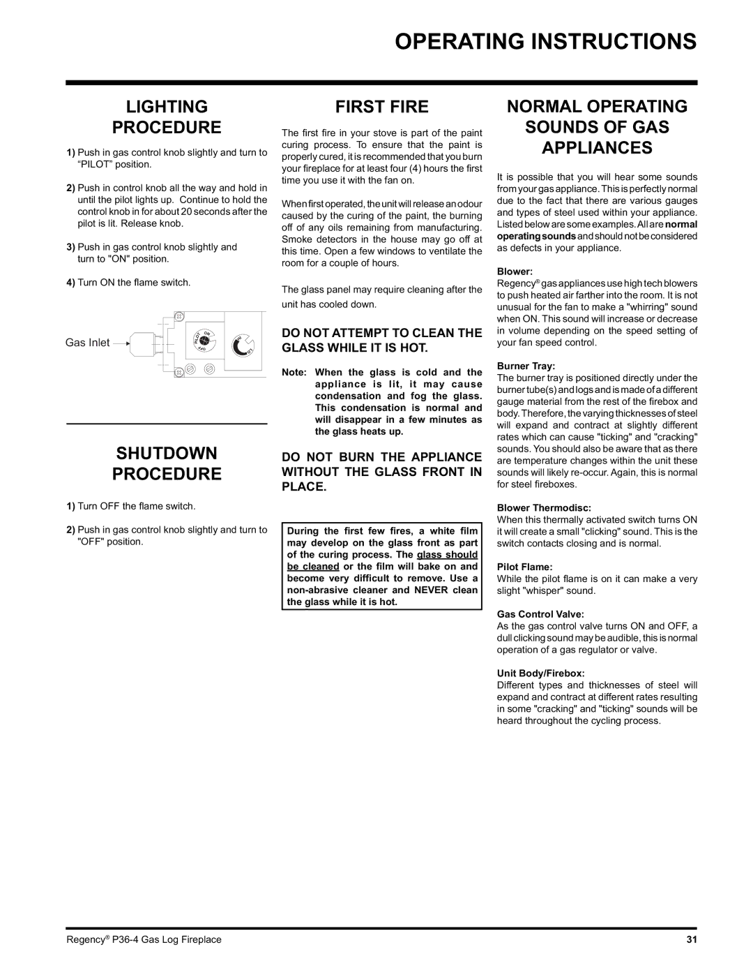 Regency Wraps P36-NG4, P36-LPG4 manual Lighting Procedure, First Fire, Normal Operating Sounds of GAS Appliances 