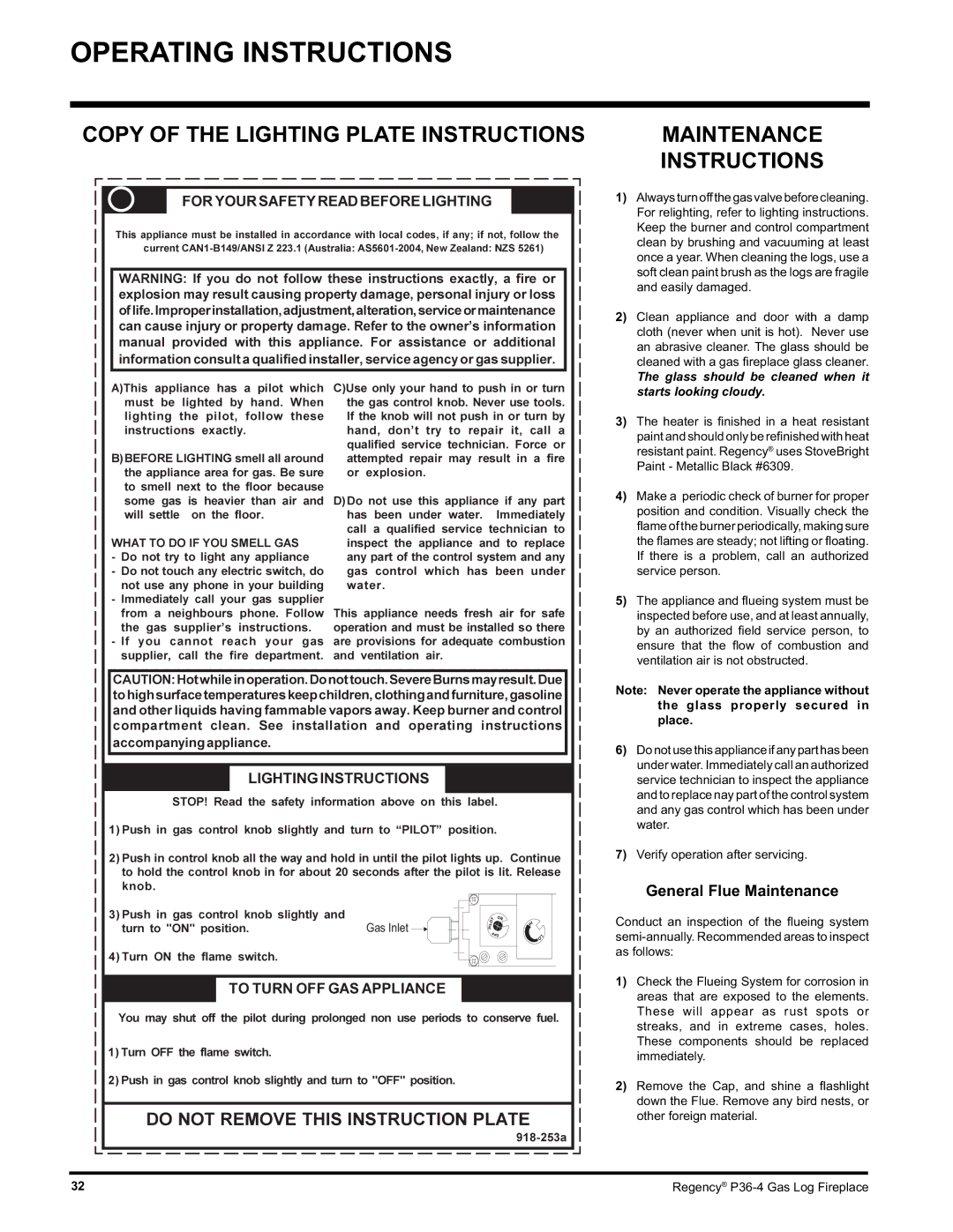 Regency Wraps P36-LPG4 manual Copy of the Lighting Plate Instructions, Maintenance Instructions, General Flue Maintenance 