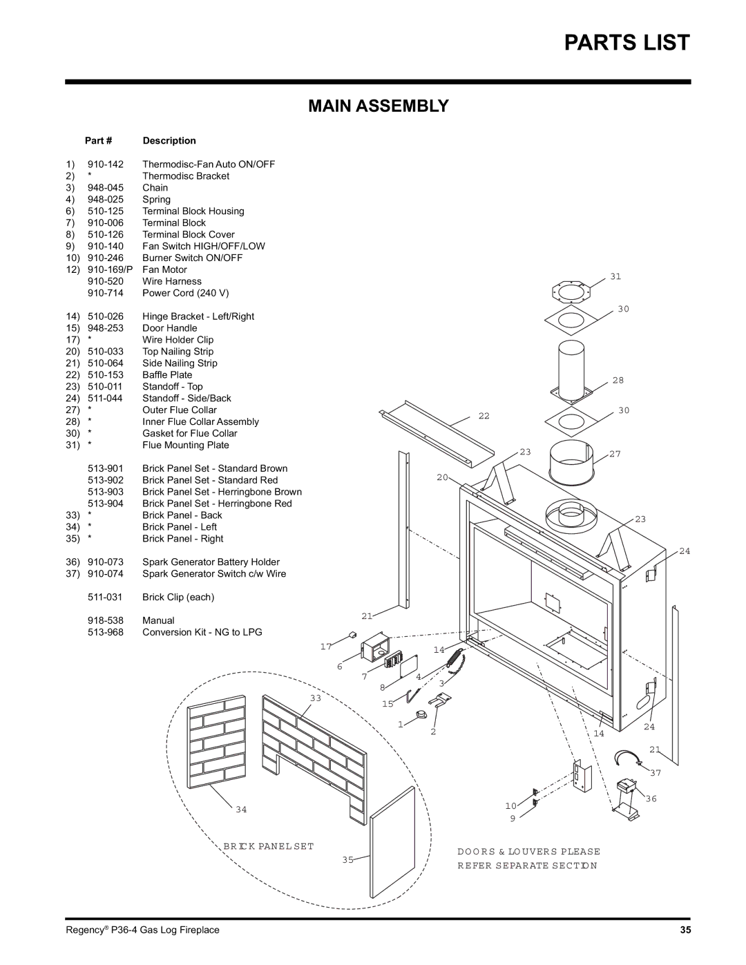 Regency Wraps P36-NG4, P36-LPG4 manual Parts List, Main Assembly 