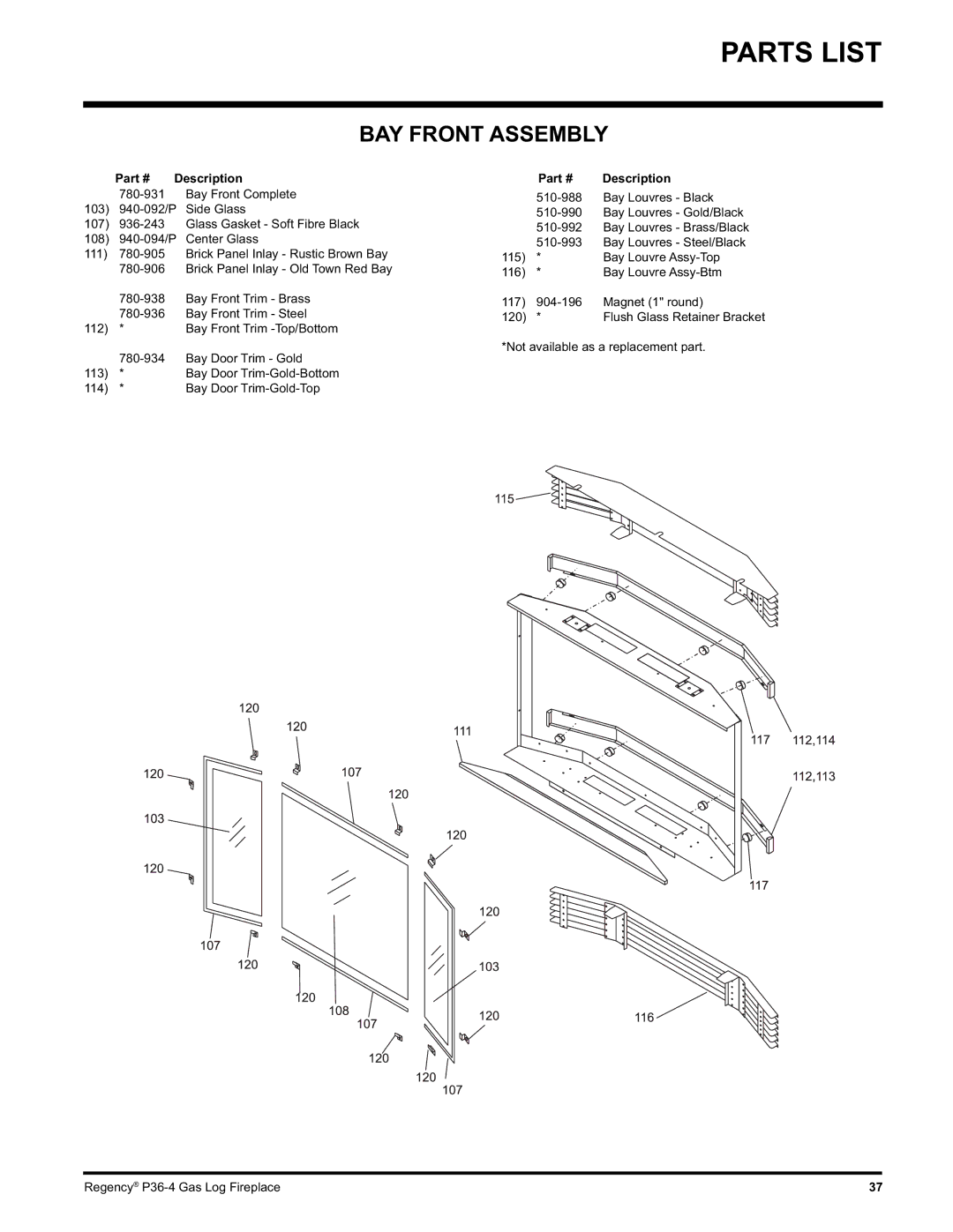 Regency Wraps P36-NG4, P36-LPG4 manual BAY Front Assembly 