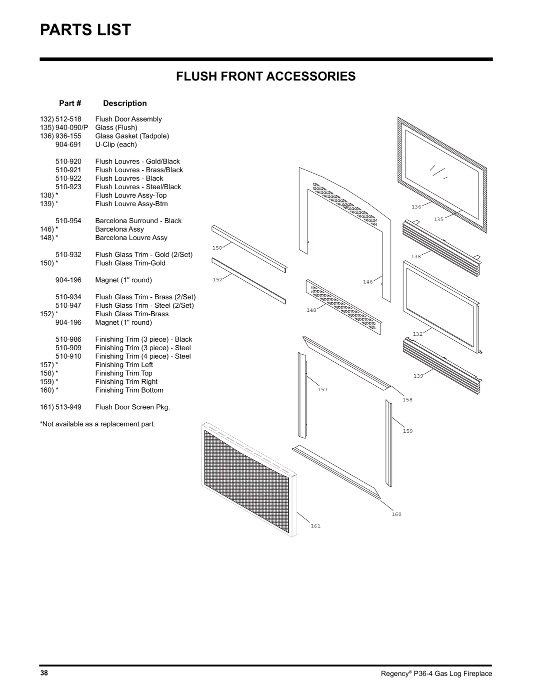 Regency Wraps P36-LPG4, P36-NG4 manual Flush Front Accessories, Description 