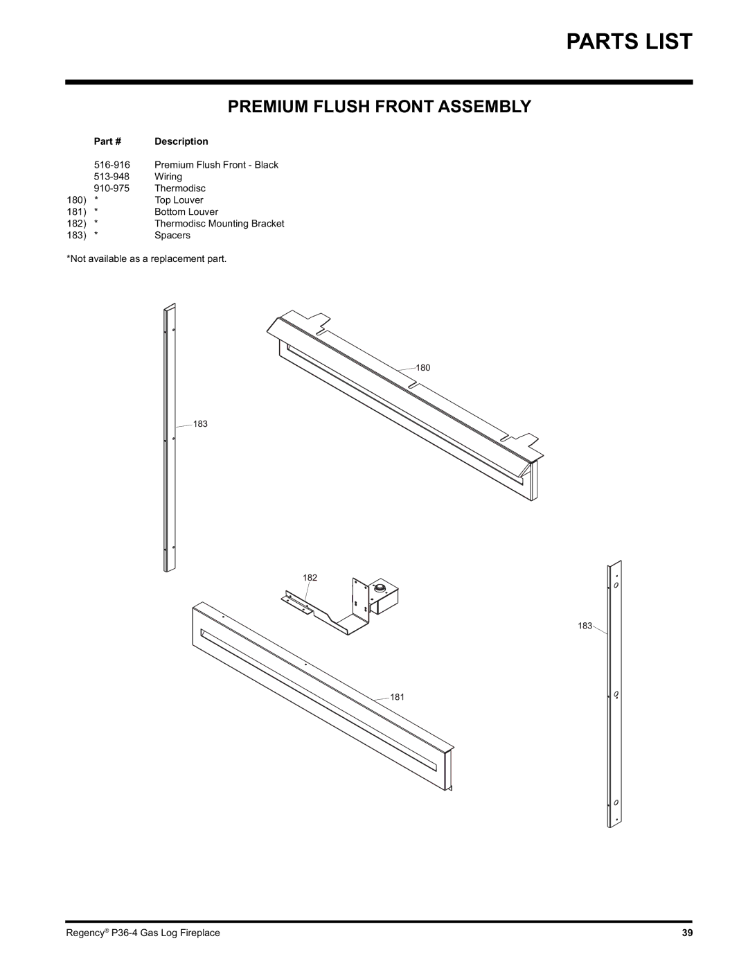 Regency Wraps P36-NG4, P36-LPG4 manual Premium Flush Front Assembly 