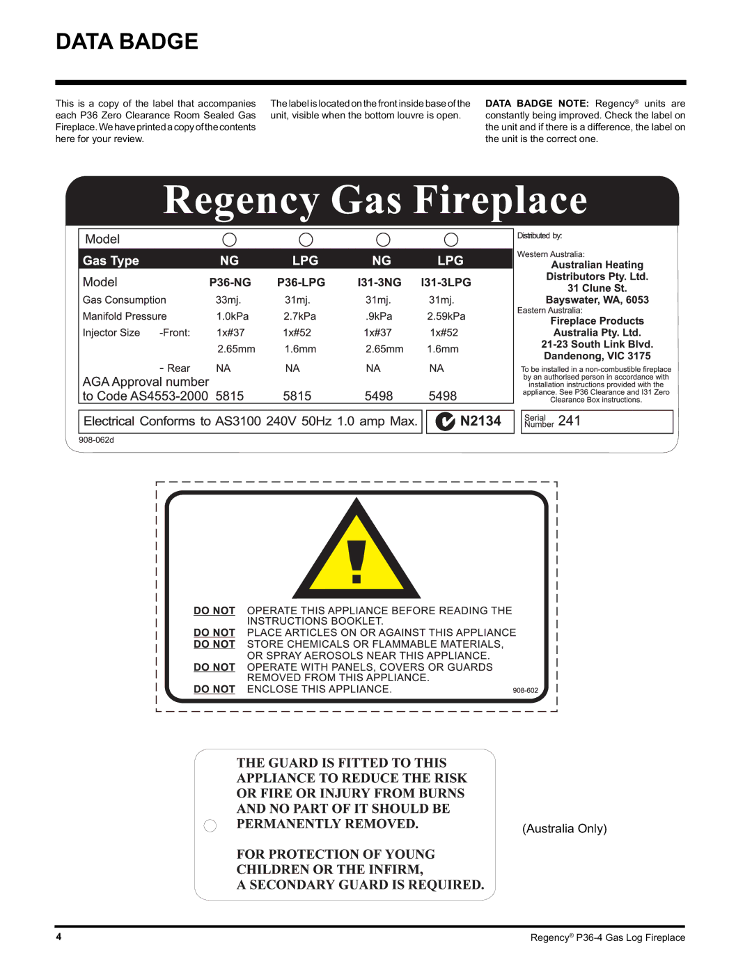 Regency Wraps P36-LPG4, P36-NG4 manual Data Badge Note Regency units are 