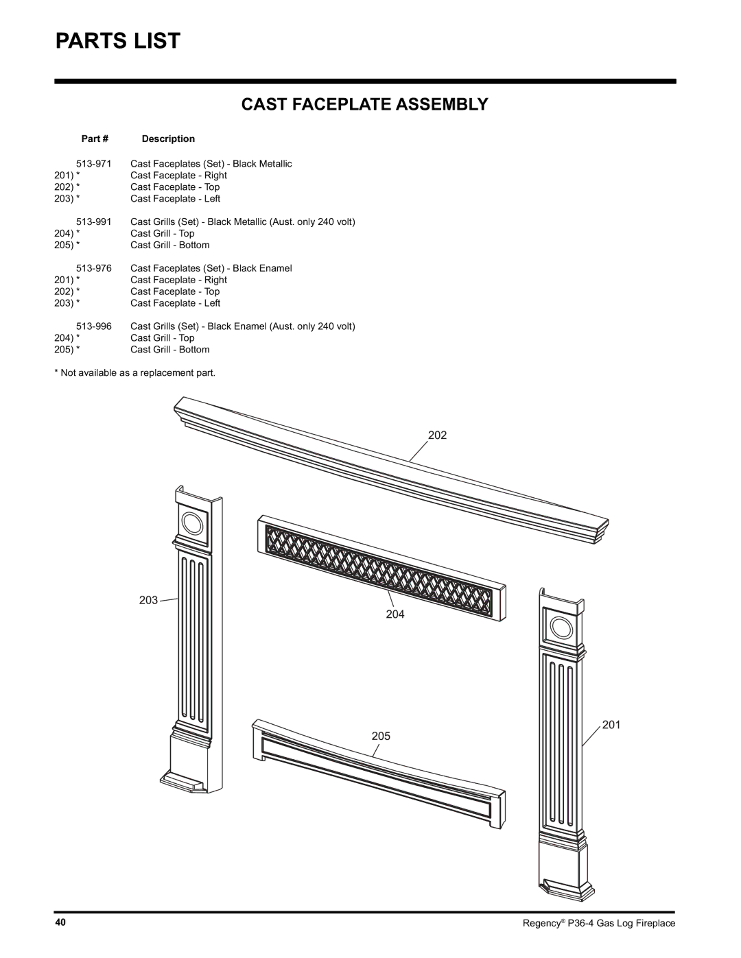 Regency Wraps P36-LPG4, P36-NG4 manual Cast Faceplate Assembly 