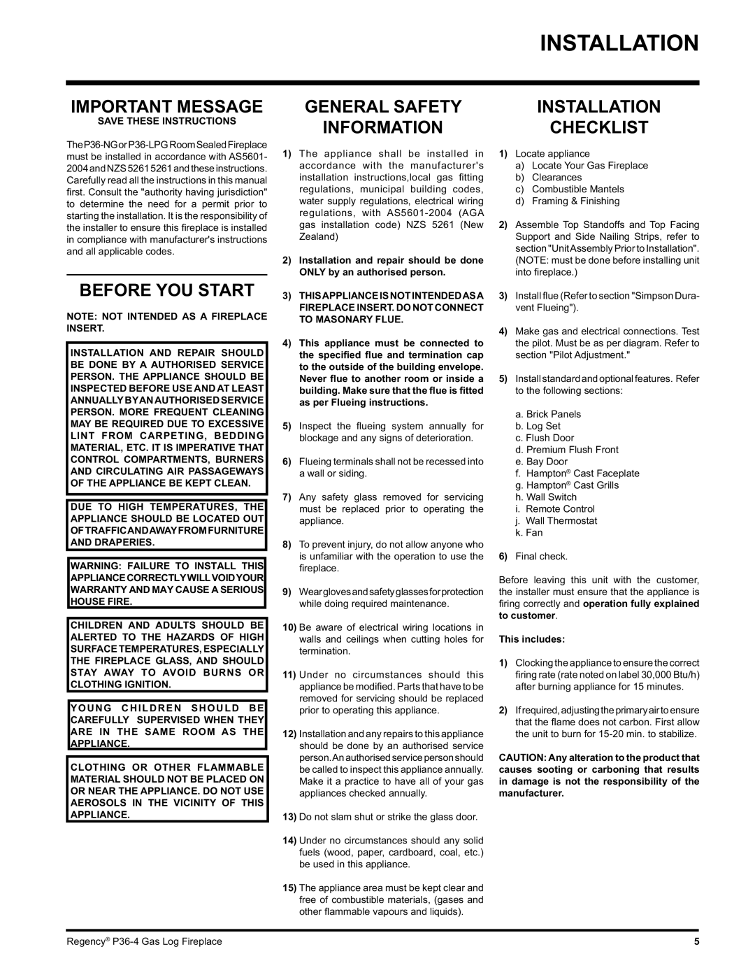 Regency Wraps P36-NG4, P36-LPG4 manual Installation, Important Message, Before YOU Start, General Safety Information 