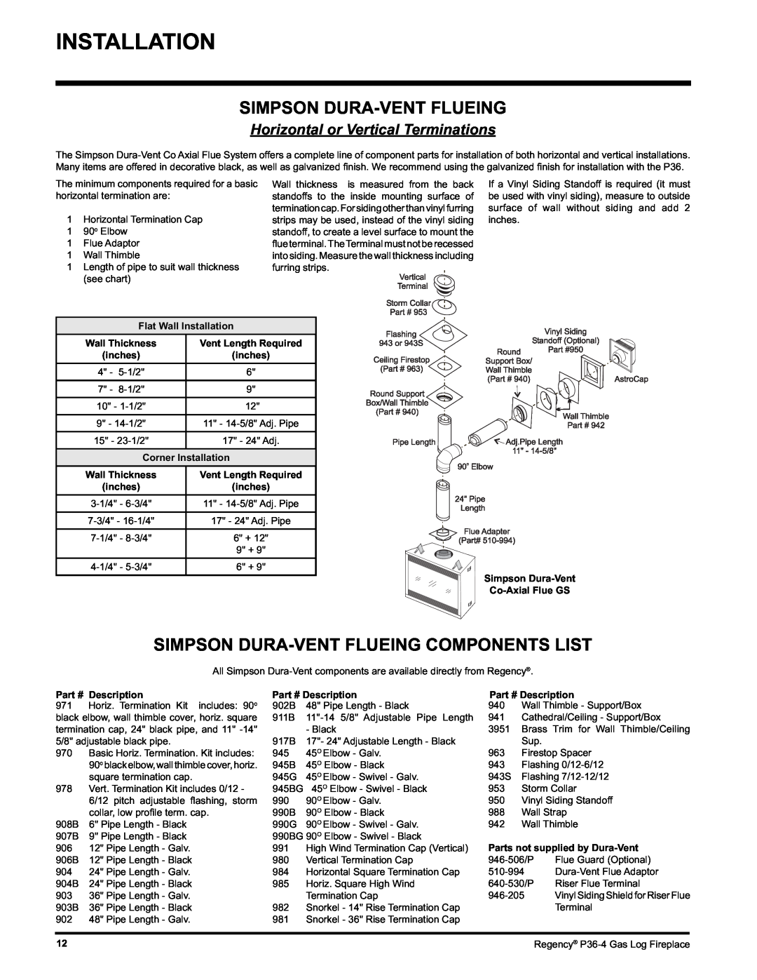 Regency Wraps P36-LPG4, P36-NG4 manual Simpson Dura-Ventflueing Components List, Horizontal or Vertical Terminations 