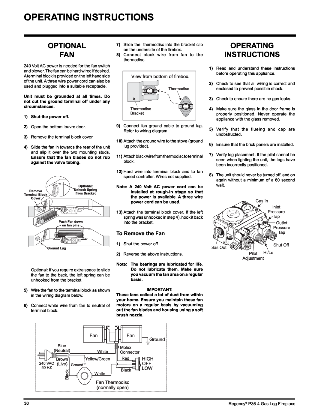 Regency Wraps P36-LPG4, P36-NG4 manual Operating Instructions, Optional Fan, To Remove the Fan 