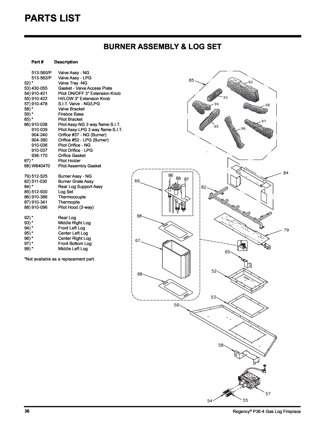 Regency Wraps P36-LPG4, P36-NG4 manual Burner Assembly & Log Set, Description 