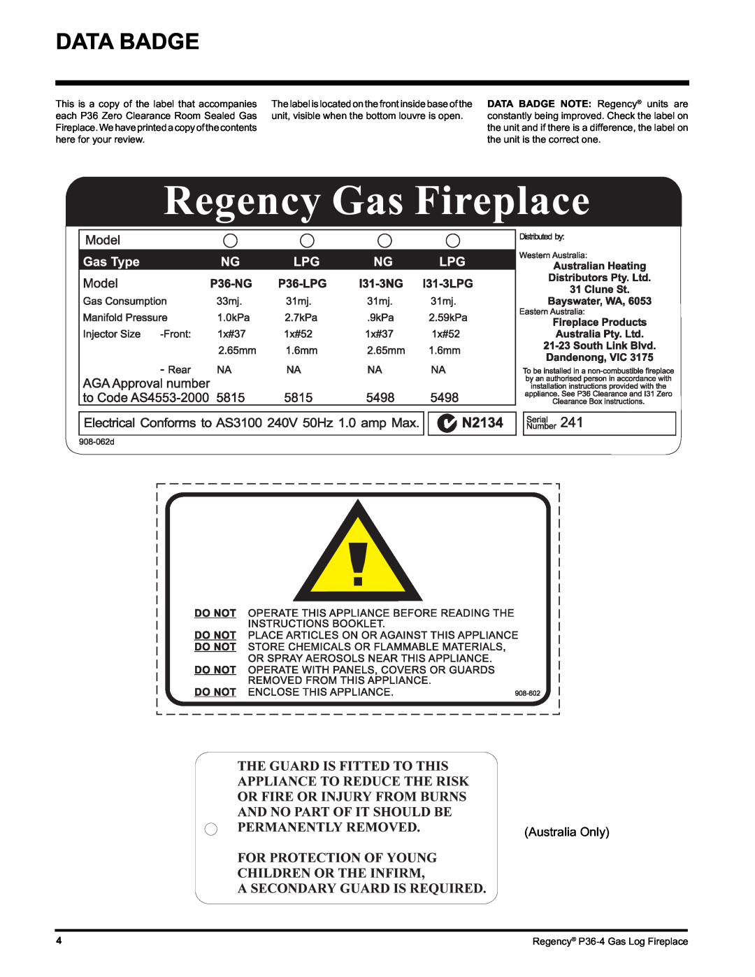 Regency Wraps P36-LPG4, P36-NG4 manual Data Badge, Australia Only 