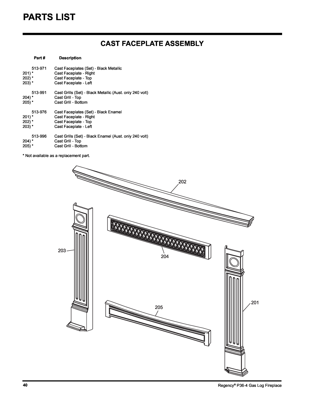 Regency Wraps P36-LPG4, P36-NG4 manual Cast Faceplate Assembly, Description 