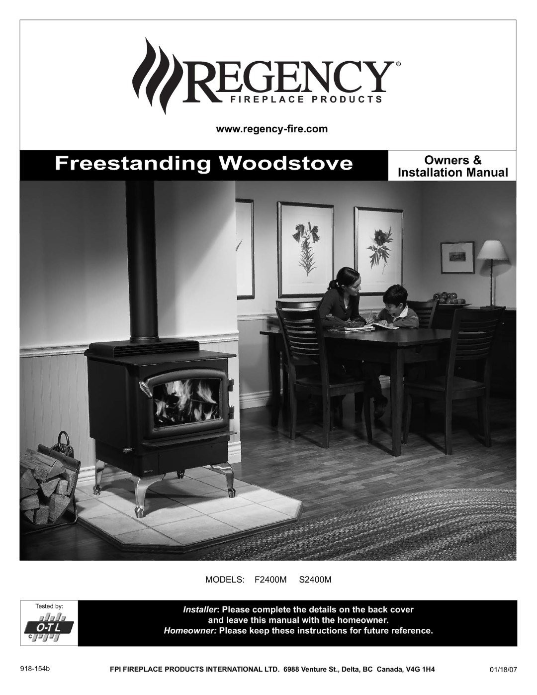 Regency Wraps F2400M, S2400M installation manual Freestanding Woodstove, 01/18/07 