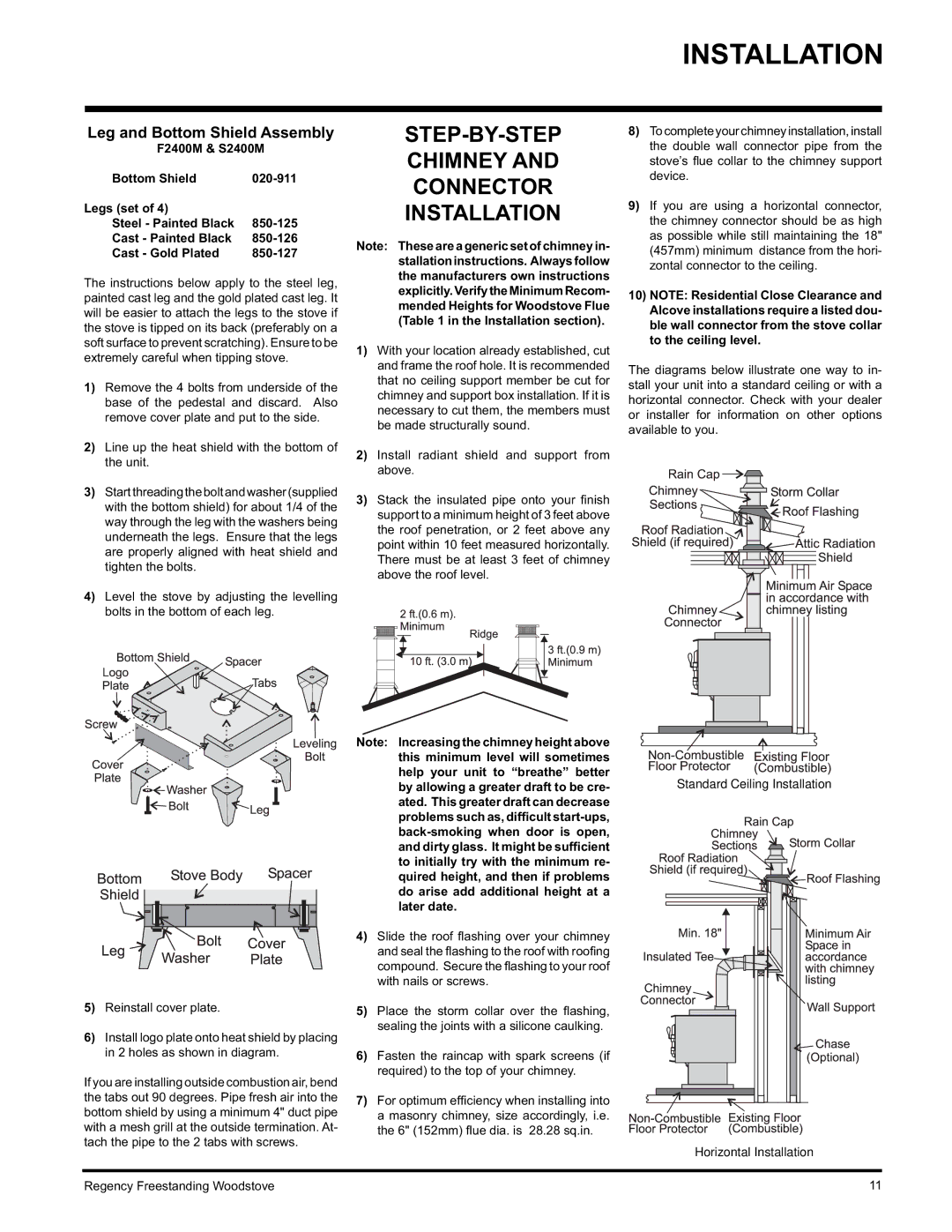 Regency Wraps F2400M, S2400M installation manual STEP-BY-STEP Chimney Connector Installation, Leg and Bottom Shield Assembly 