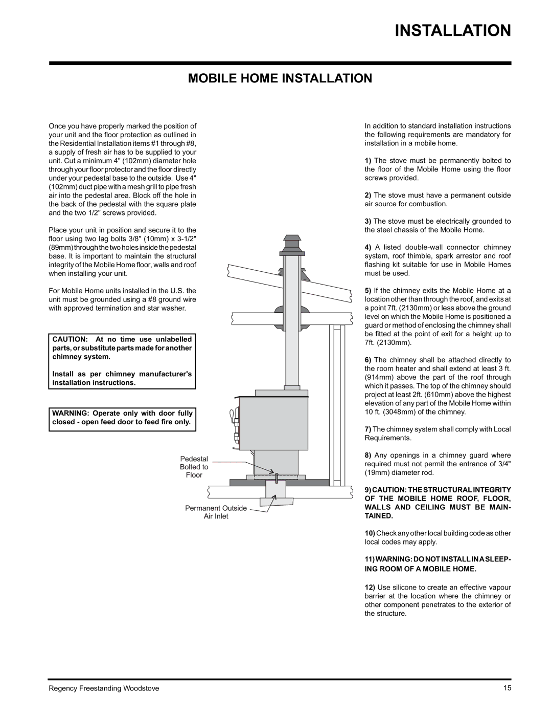 Regency Wraps F2400M, S2400M installation manual Mobile Home Installation 