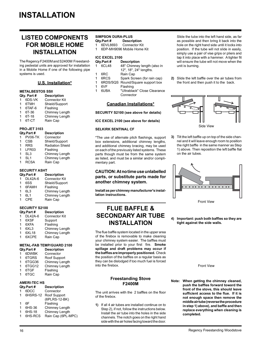 Regency Wraps S2400M, F2400M Listed Components For Mobile Home Installation, Flue Baffle Secondary AIR Tube Installation 