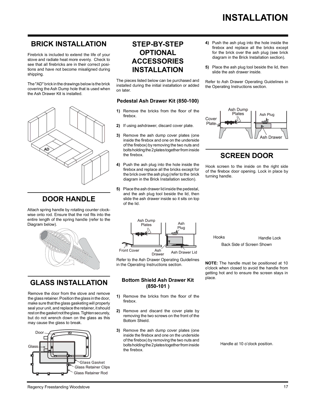 Regency Wraps F2400M, S2400M Brick Installation, STEP-BY-STEP Optional Accessories Installation, Door Handle, Screen Door 