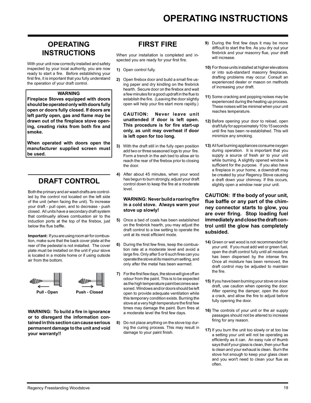 Regency Wraps F2400M, S2400M installation manual Operating Instructions, Draft Control, First Fire, Pull Open Push Closed 