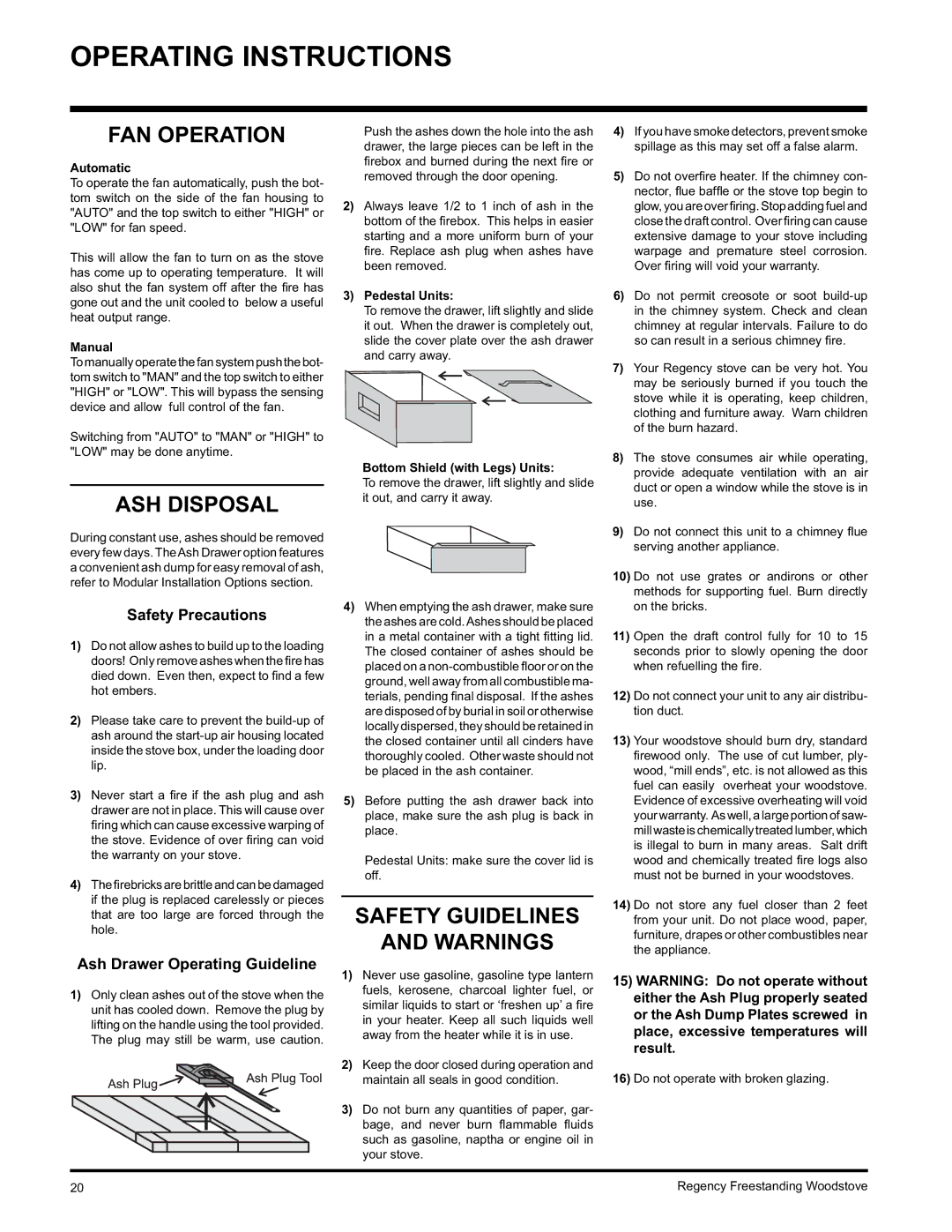 Regency Wraps S2400M FAN Operation, ASH Disposal, Safety Guidelines, Safety Precautions, Ash Drawer Operating Guideline 