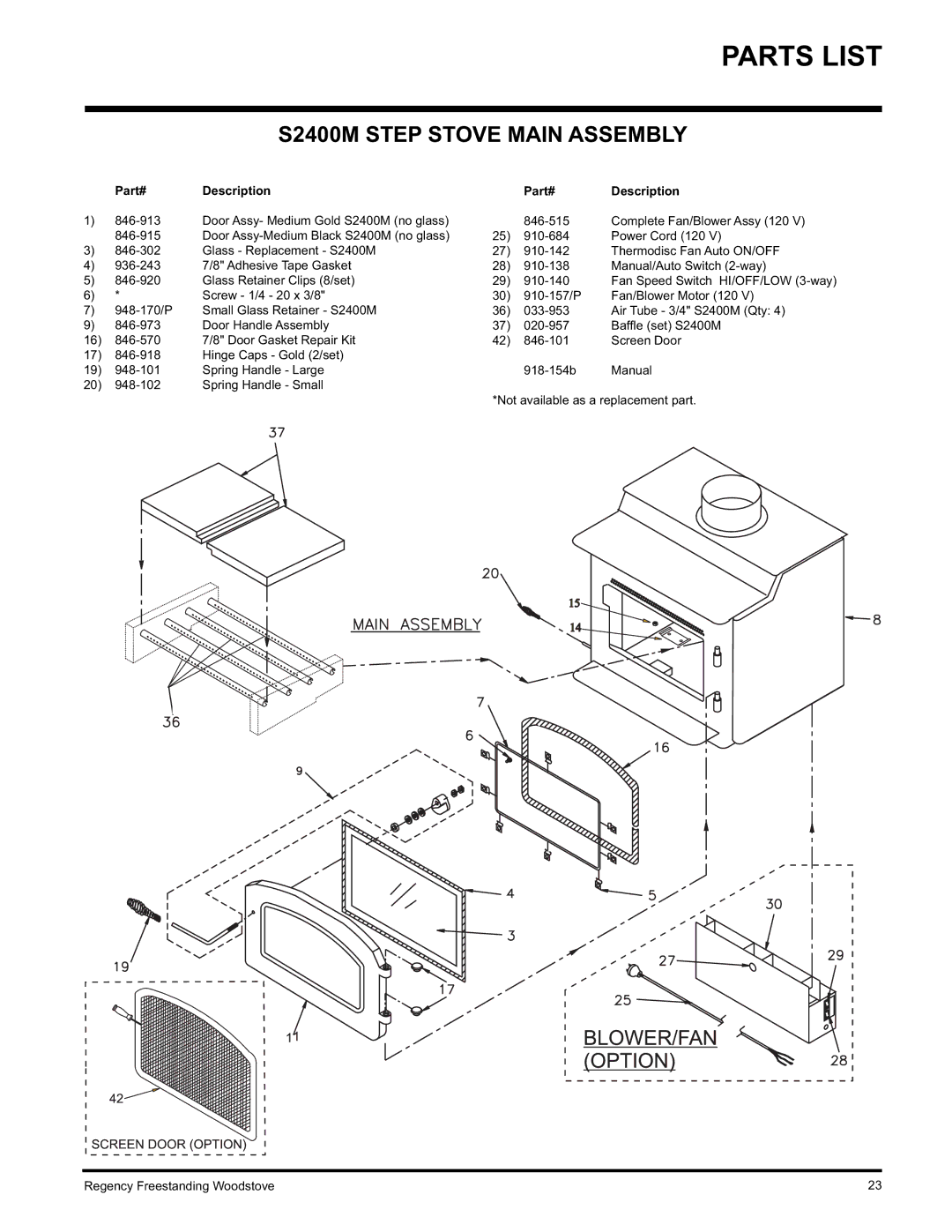 Regency Wraps F2400M installation manual Parts List, S2400M Step Stove Main Assembly 