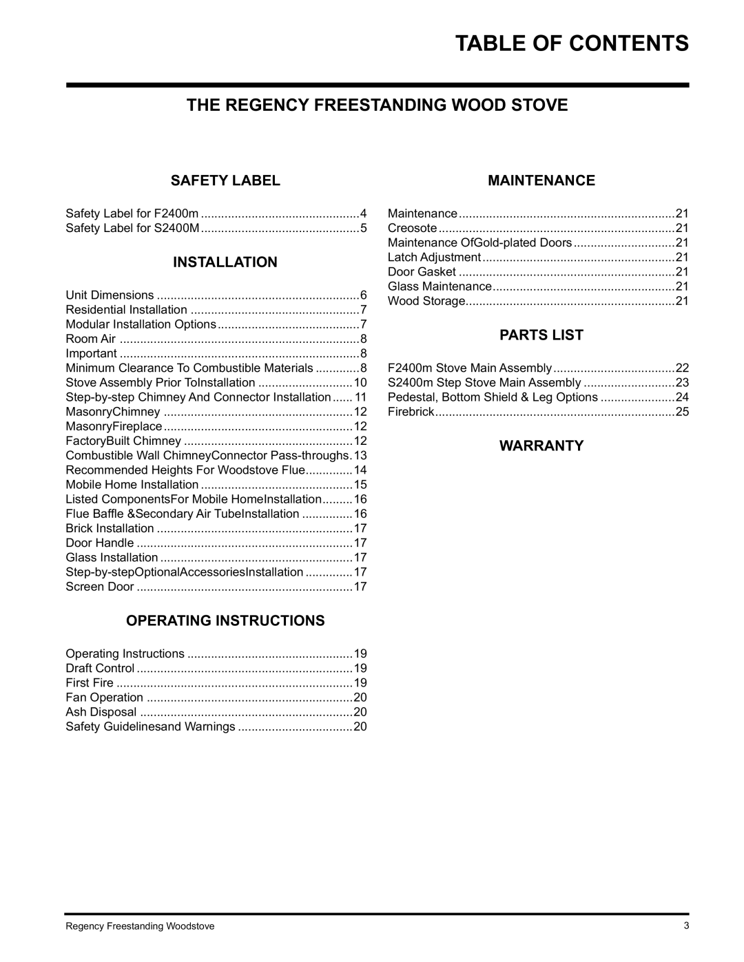 Regency Wraps F2400M, S2400M installation manual Table of Contents 