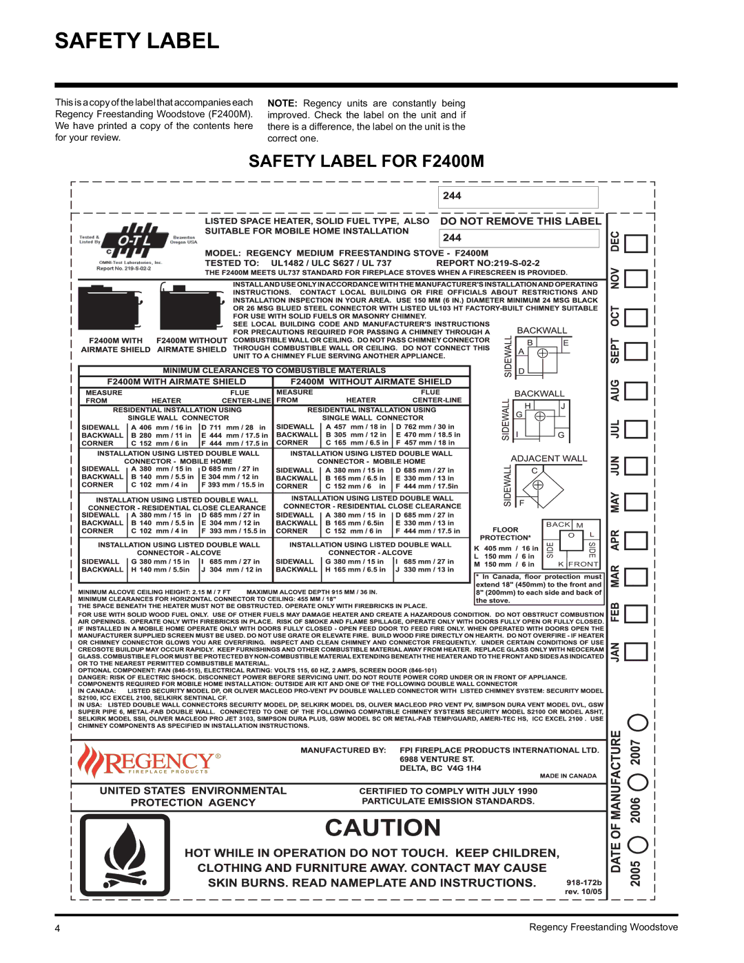 Regency Wraps S2400M installation manual Safety Label for F2400M 