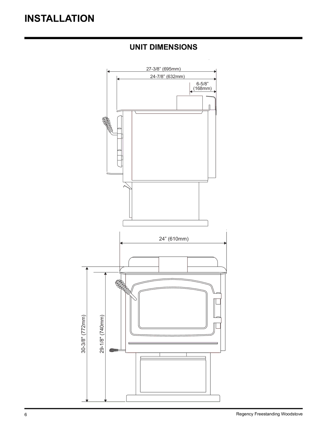 Regency Wraps S2400M, F2400M installation manual Installation, Unit Dimensions 