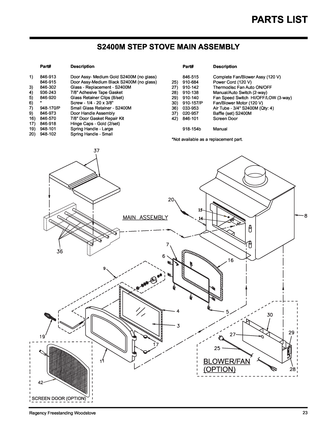 Regency Wraps F2400M installation manual Parts List, S2400M STEP STOVE MAIN ASSEMBLY 