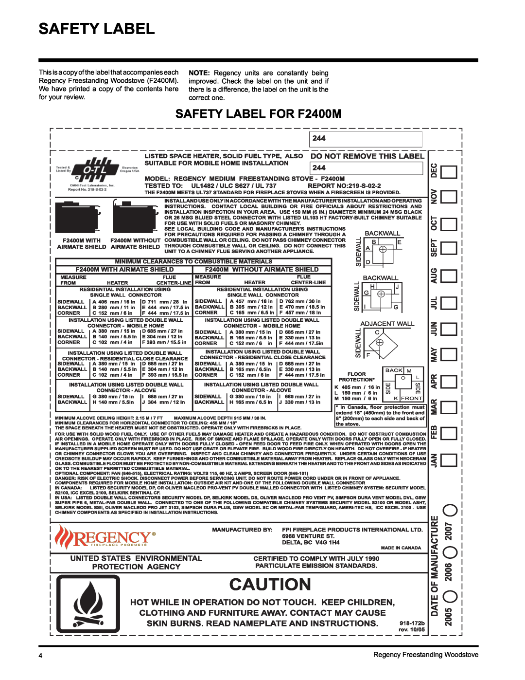 Regency Wraps S2400M installation manual Safety Label, SAFETY LABEL FOR F2400M 