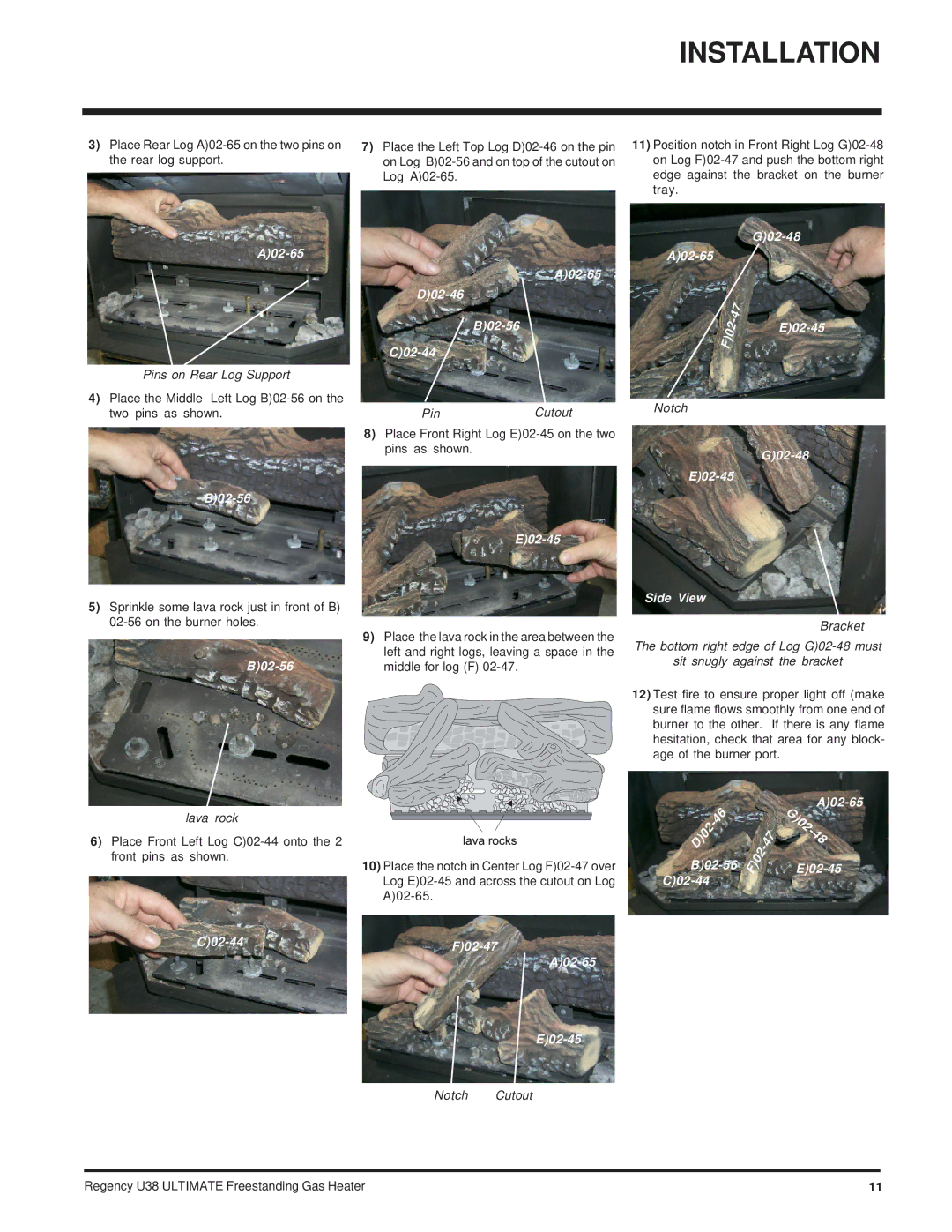 Regency Wraps U38-LP, U38-NG installation manual Pins on Rear Log Support, Lava rock, PinCutout, Notch Cutout 