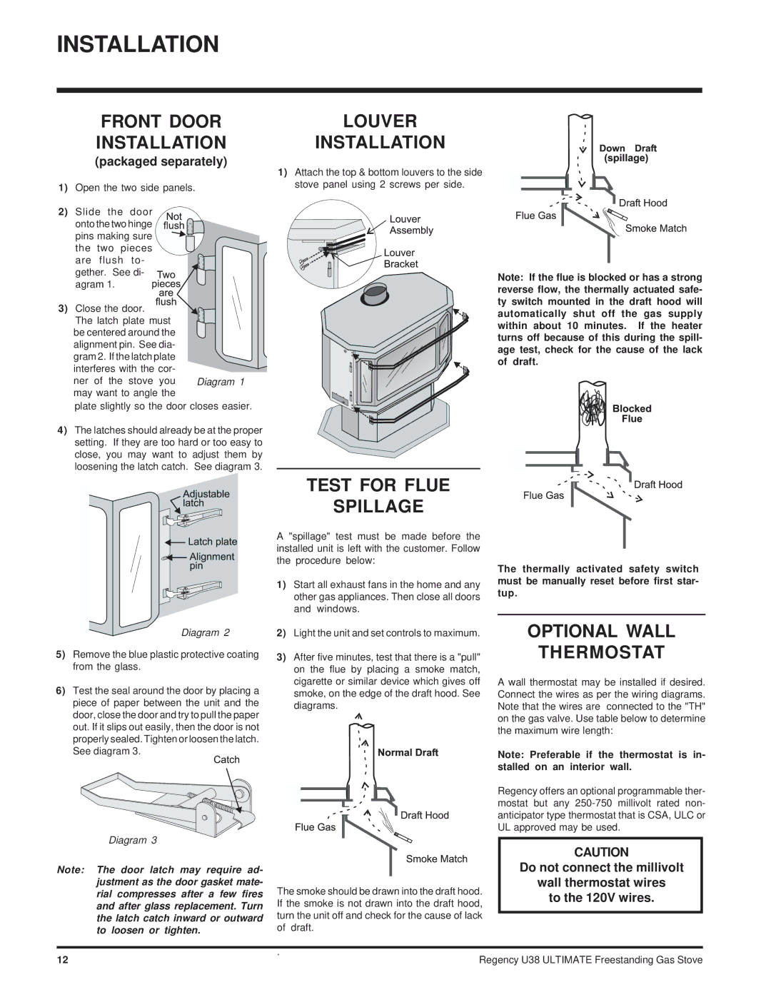 Regency Wraps U38-NG Front Door Installation, Louver Installation, Test for Flue Spillage, Optional Wall Thermostat 