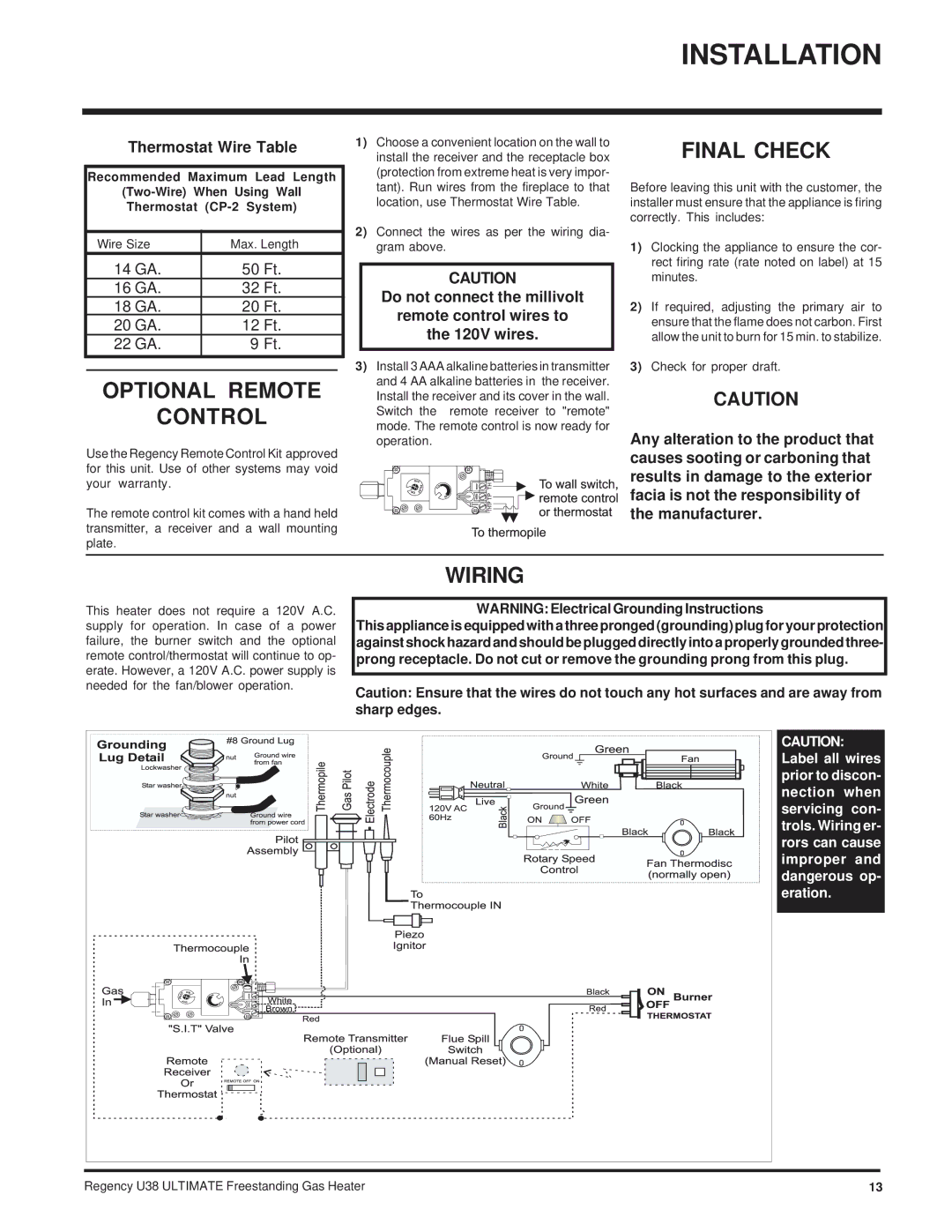 Regency Wraps U38-LP, U38-NG installation manual Optional Remote Control, Final Check, Wiring, Thermostat Wire Table 