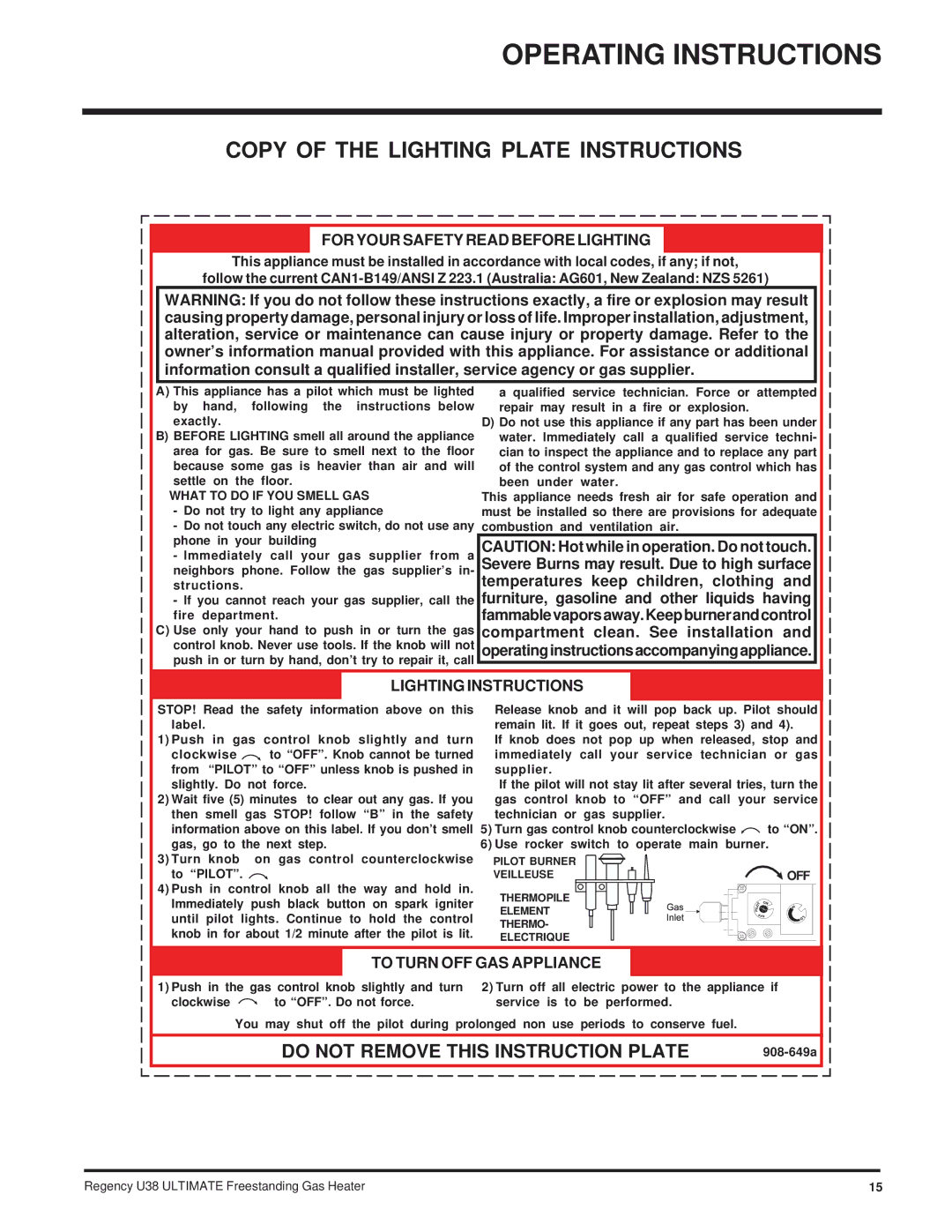 Regency Wraps U38-LP Copy of the Lighting Plate Instructions, For Your Safety Read Before Lighting, Lighting Instructions 