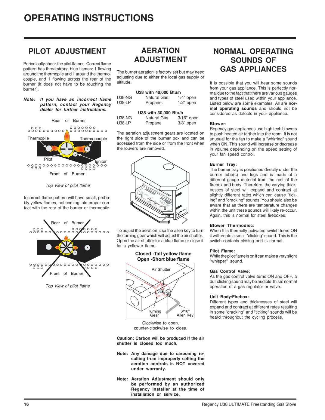 Regency Wraps U38-NG, U38-LP Pilot Adjustment, Aeration Adjustment, Normal Operating Sounds GAS Appliances 