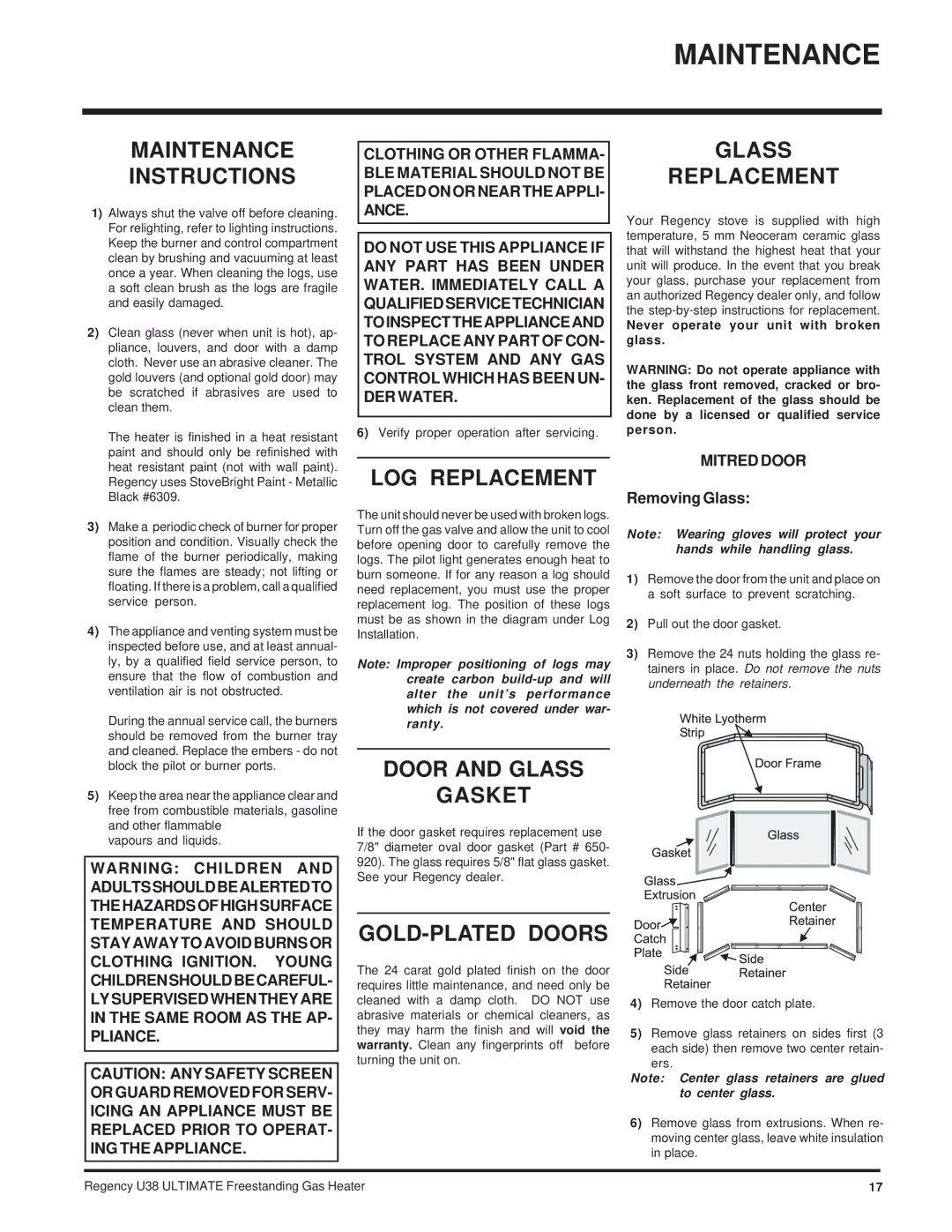 Regency Wraps U38-LP, U38-NG installation manual Maintenance 