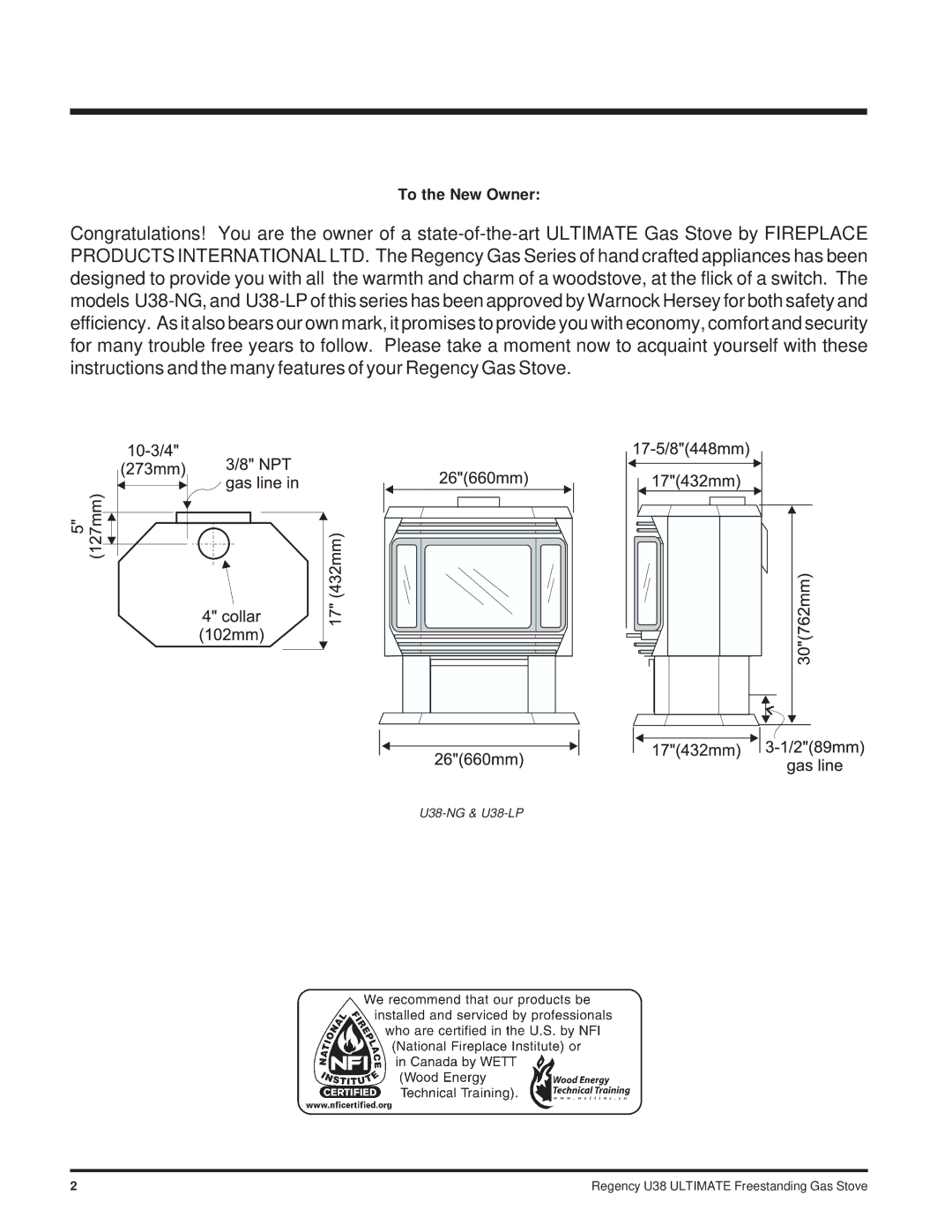 Regency Wraps installation manual To the New Owner, U38-NG & U38-LP, Regency U38 Ultimate Freestanding Gas Stove 