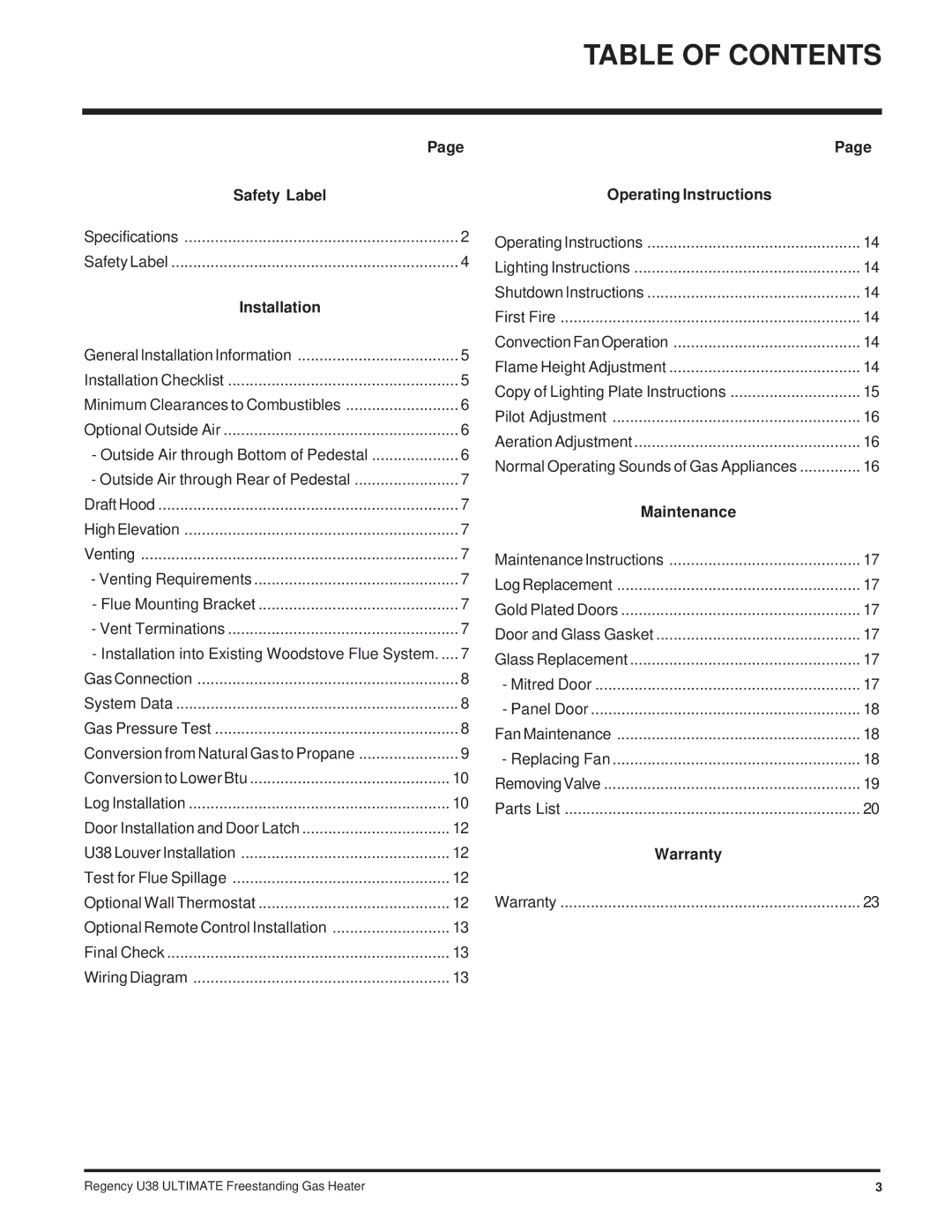 Regency Wraps U38-LP, U38-NG installation manual Table of Contents 