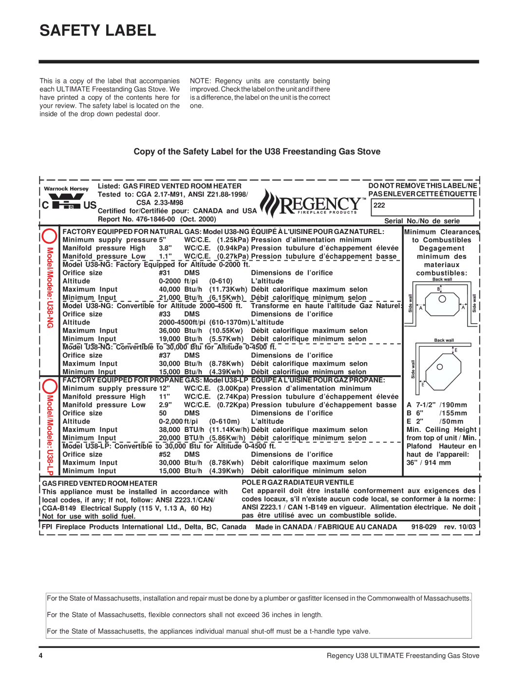 Regency Wraps U38-NG, U38-LP installation manual Copy of the Safety Label for the U38 Freestanding Gas Stove 